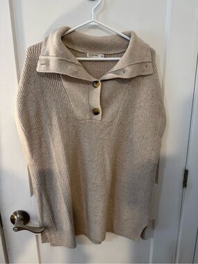 Signature Taupe Button-Front Cowl Neck Knit Sweater